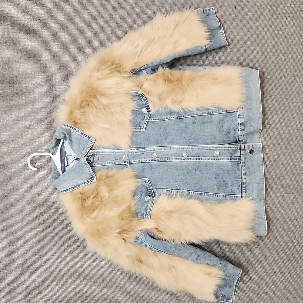 NWT Real Fox Fur Stylish Denim Quilted Jacket with Tan Fox Fur
